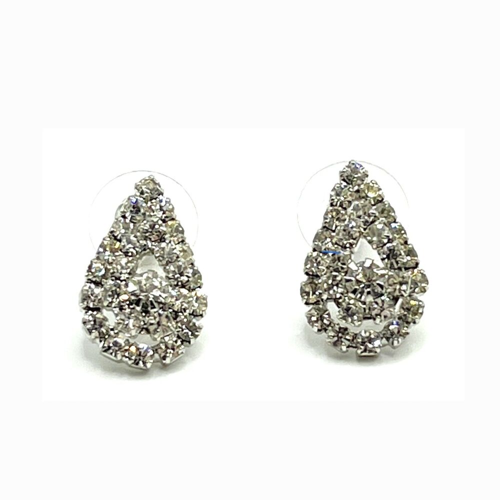 Vintage Rhinestone Earrings Silver Tone Teardrop Pierced Sparkle Wedding Formal